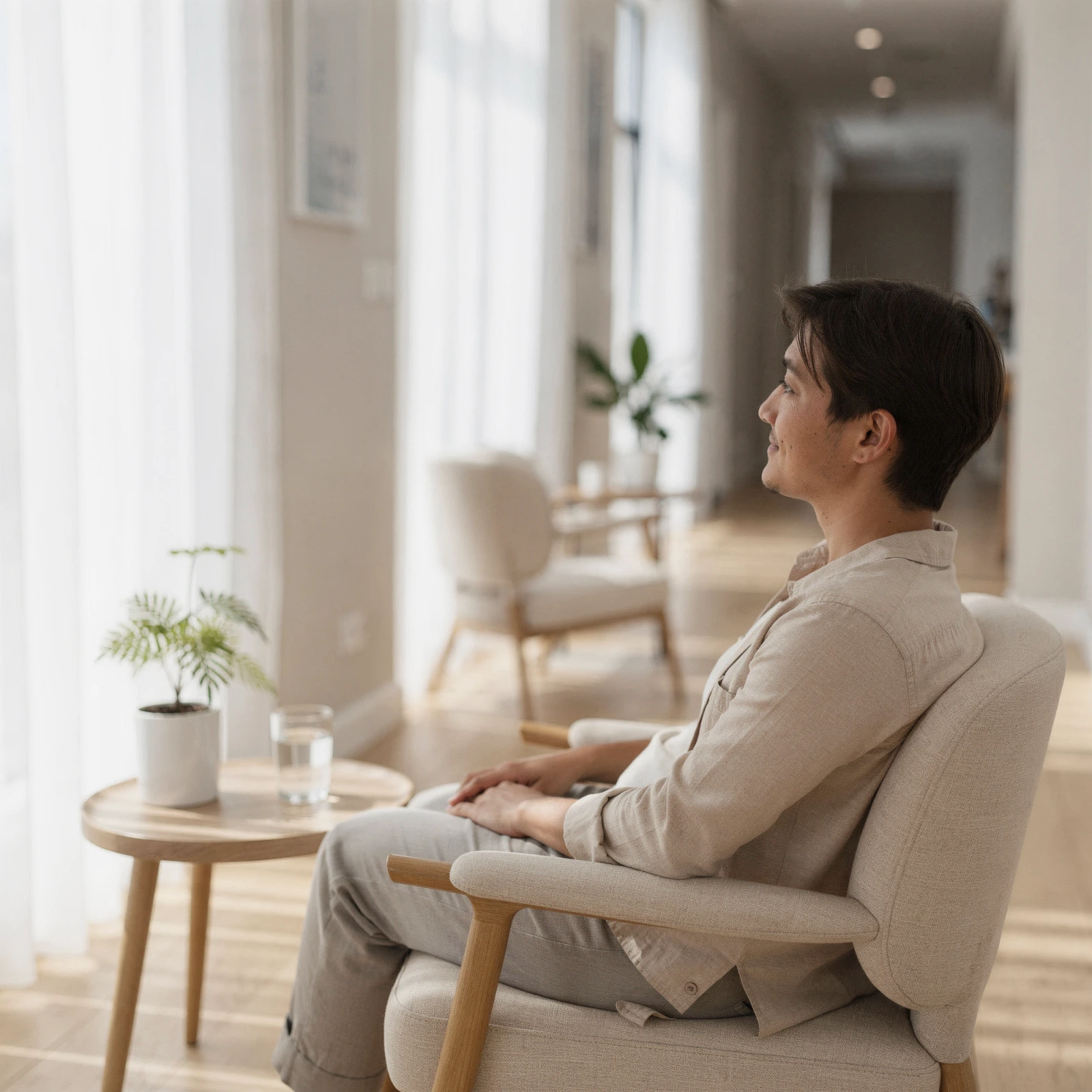 Person sitting in a cream chair in a bright therapy office hallway, looking toward a window with plants